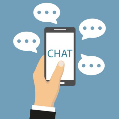 Adam sohbet bot Smartphone cep telefonu ile sohbet. Mavi bir arka plan üzerinde sohbet bot için Smartphone sohbet iletisi kullanın