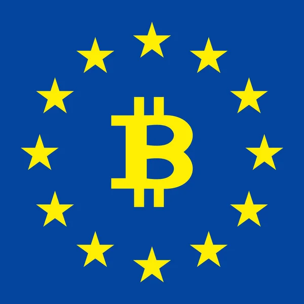 欧洲联盟的旗帜 欧洲国旗 欧洲旗子比特币在中心 欧洲统一 — 图库矢量图片