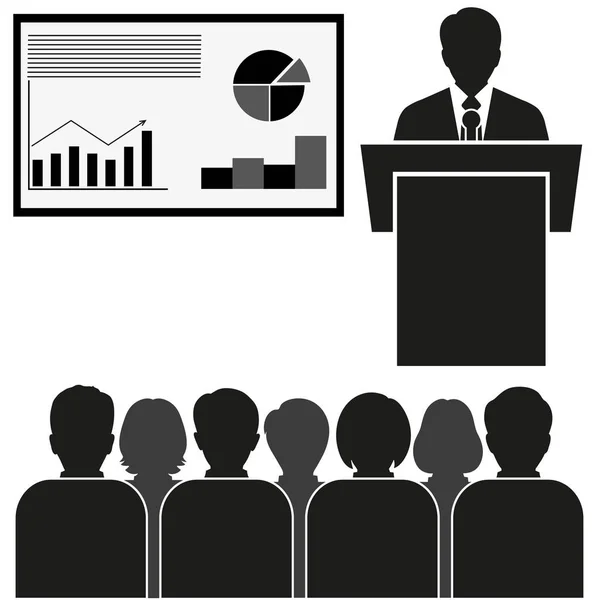 Üzleti Seminar Business Ember Tribune Beszéd Emberek Csoport Találkozó Sziluettek — Stock Vector