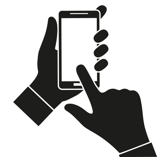 Boş beyaz ekran dokunaklı siyah smartphone tutan el. Beyaz arka plan üzerinde mobil akıllı telefon kullanma