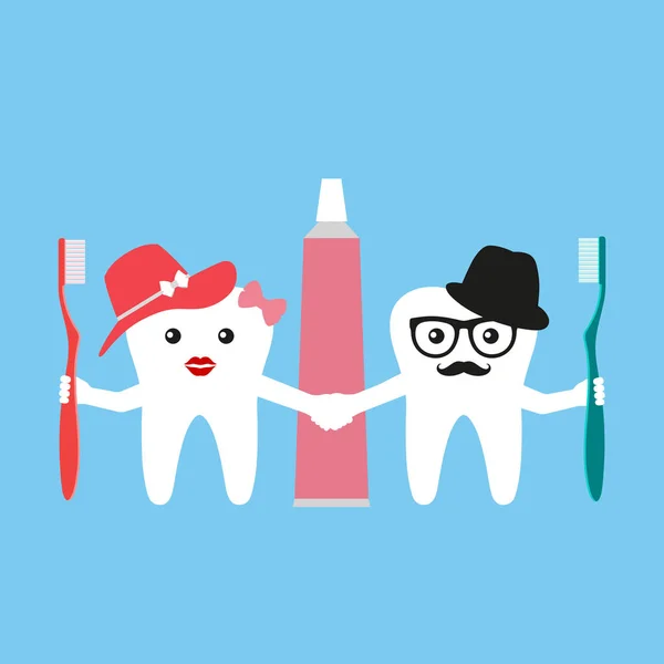 Illustrazione Denti Divertenti Con Spazzolini Denti Dentifricio Sfondo Blu Simbolo — Vettoriale Stock