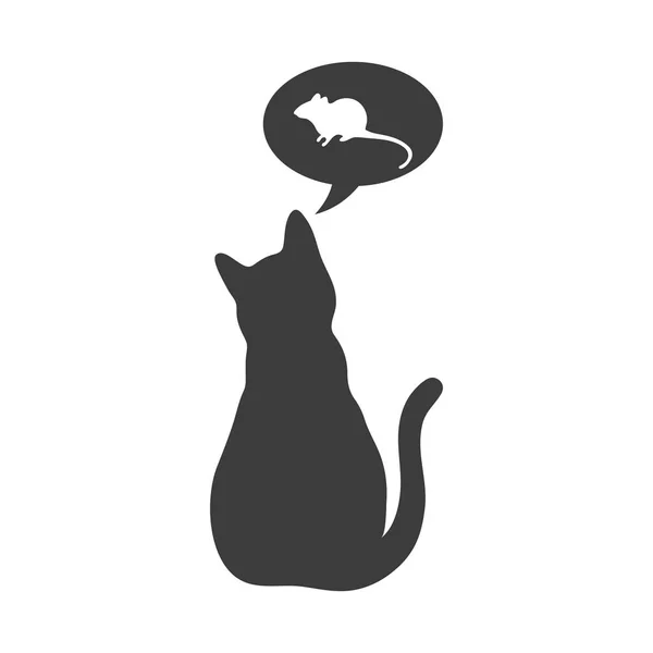 Silhouette Cat Thoughts Mouse White Background — Stockvector