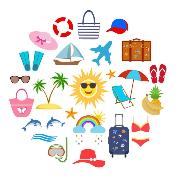 Concepto Verano Establecido Forma Círculo Iconos Planos Aislados — Vector de stock