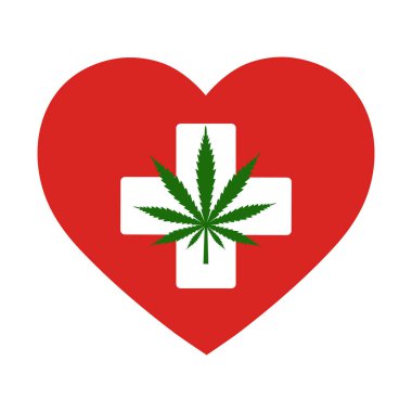 Kırmızı kalp arka planda beyaz tıbbi haç kenevir yeşil yaprak