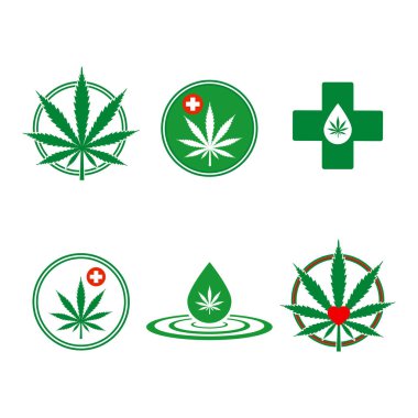 Esrar veya kenevir yaprağı simge Logo şablonu. Beyaz arka planda izole amblemi.