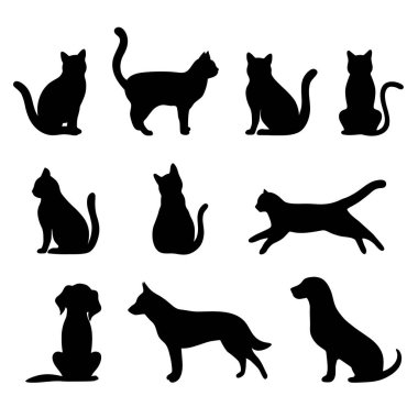 Beyaz arka planda kedi ve köpek siluetleri.