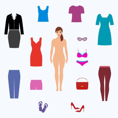 Kadın moda seti. Kadın giyim koleksiyonu. Yaz kıyafeti: elbiseler, sıska kot pantolon, denim şort, tops, plaj şapka, Mayo, güneş gözlüğü, sandalet ve Flip flop