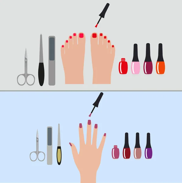 Hands Feet Manicure Pedicure Nail Polish Set Tools — Stock Vector