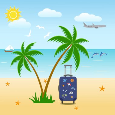 Palmiye ağaçlarıile tropikal ada. Tatil Tatil Arka Plan. Yaz manzarası. Deniz ufkunun manzarası. Adadaki uçağın uçuşu.