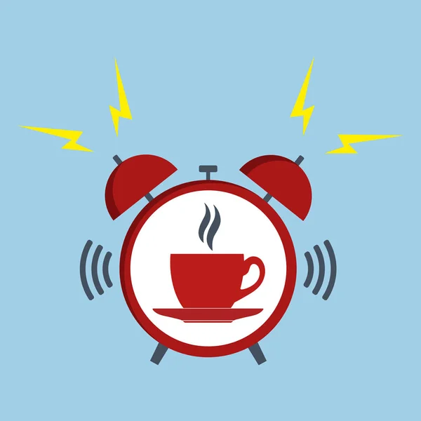 青い背景の上に目覚まし時計とコーヒーのカップ 休憩時間 おはよう ドリンクメニューデザインコンセプト — ストックベクタ