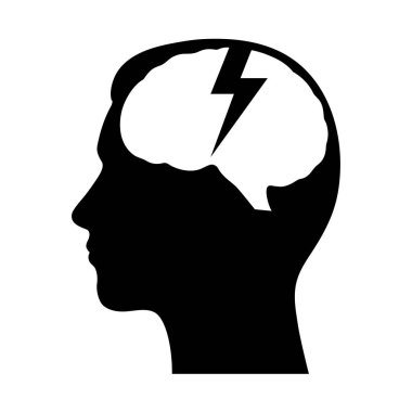 beyaz bir arka planda bir beyin ve yıldırım ile bir adamın kafasının silüeti