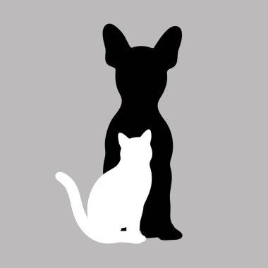 gri arka planda siyah köpek ve beyaz kedi silueti