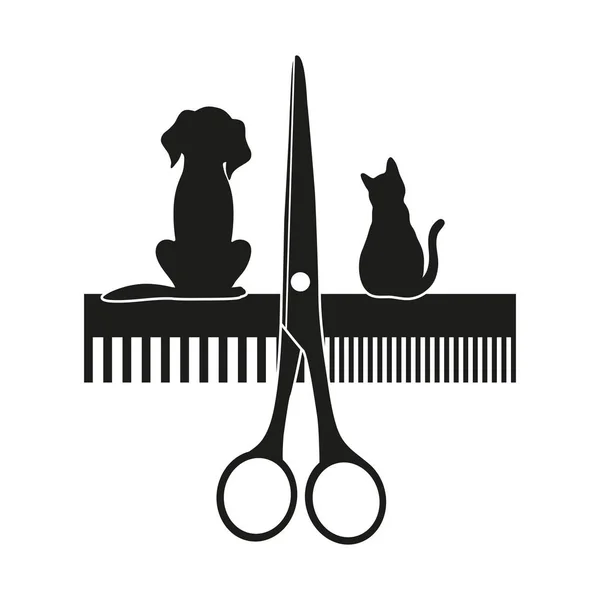 Köpekler ve kediler. tarak ve makas. Simge, sembol, logo, hayvanlar için afiş salon.