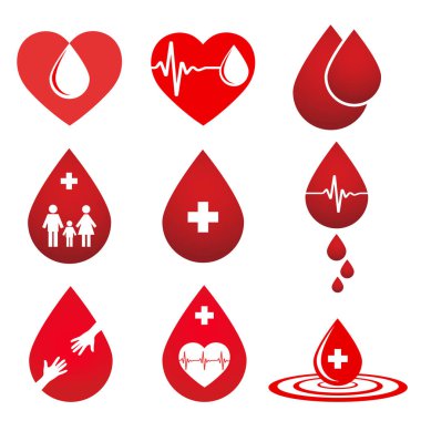 kırmızı kan damlası ile elemanları kümesi, el ve kalp atışı yardım, Dünya için tıbbi afiş, Donör Günü tasarımı