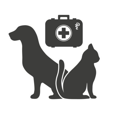veteriner kliniği için tıbbi çanta ile kedi ve köpek siluetleri illüstrasyon
