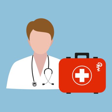 Beyaz arka plan üzerinde kırmızı ilk yardım çantası ile Doktor