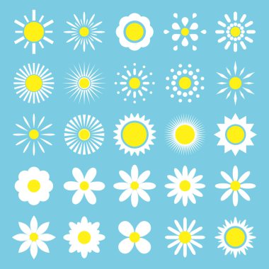 Papatya seti. Beyaz papatya çiçekleri siluet simgesi. Mavi bir arka plan üzerinde sevimli çiçek baş bitki koleksiyonu.