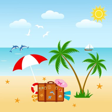 Tatil ve seyahat konsepti. Palmiye ağacı ve bir bavul ile deniz kıyısı.