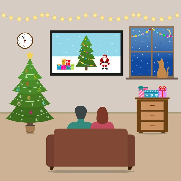 Çift Kanepede Oturuyor Bir Noel Ağacı Hediyeler Ile Izliyor — Stok Vektör