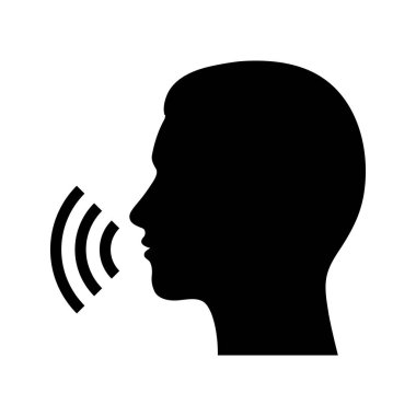 Beyaz bir arka planda konuşan bir adamın siyah silueti.