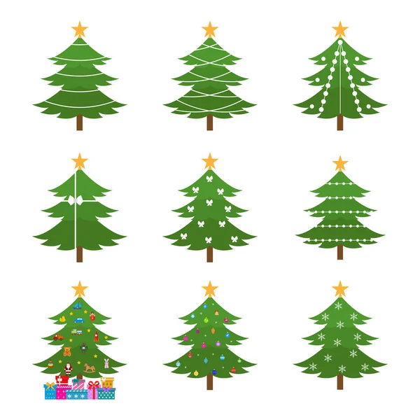 圣诞树扁平图标设置 网页标志风格的云杉套件 农场象形文字几何风格 礼品盒 — 图库矢量图片