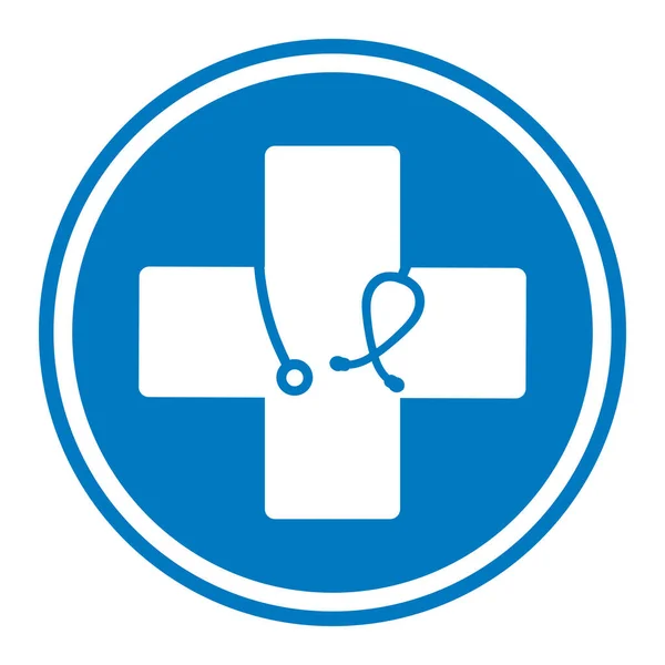 Emblema Cruz Médica Con Estetoscopio Círculo Azul Sobre Fondo Blanco — Vector de stock
