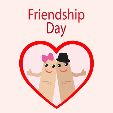 Arkadaşlık günü illüstrasyonu. Kutlama kartı pembe arka planda gerçek arkadaşlar arasındaki sevgi ve bağı gösteriyor. Bir kalpte iki sevimli parmak.