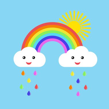 Gökkuşağı, tatlı bulutlar ve mavi arka planda güneş.