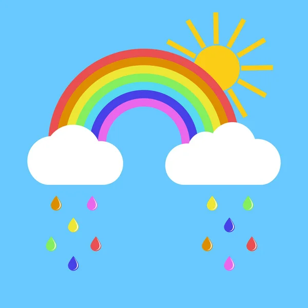 Rainbow Clouds Sun Blue Background — Stock Vector