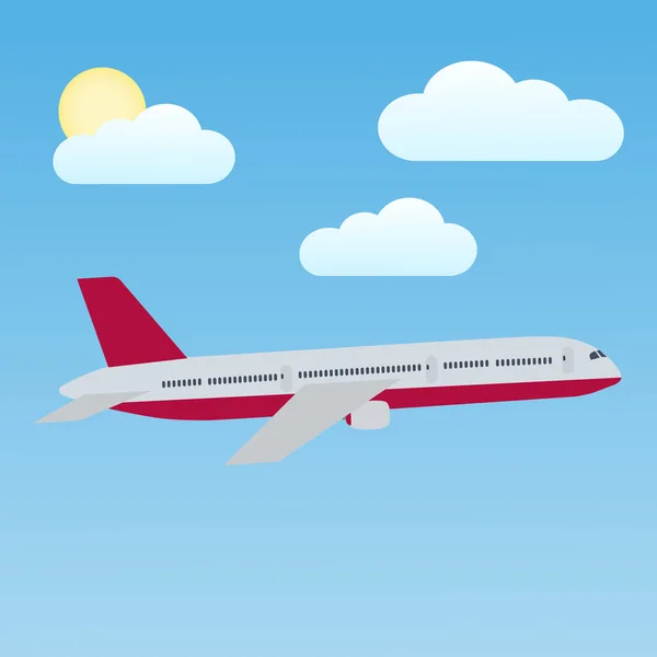 雲のある青空に浮かぶ飛行機のイラスト — ストックベクタ