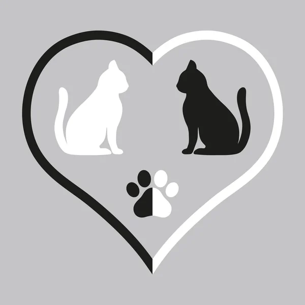 Illustrazione Sagome Gatti Bianco Nero Cuore Zampa Sfondo Grigio — Vettoriale Stock
