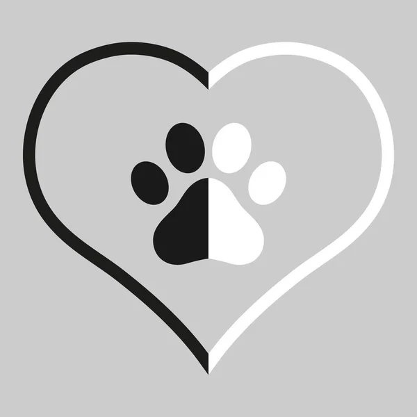 Σύμβολο Πόδι Σκύλου Μαύρο Και Άσπρο Καρδιά Γκρι Φόντο — Διανυσματικό Αρχείο