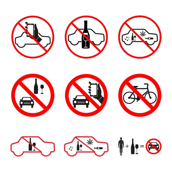 Ilustración Conjunto Signos Prohibidos Alcohol Drogas Que Conducen Coche Sobre — Archivo Imágenes Vectoriales