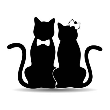 Beyaz bir arka planda fiyonklu ve gölgeli bir çift sevimli kedinin çizimi