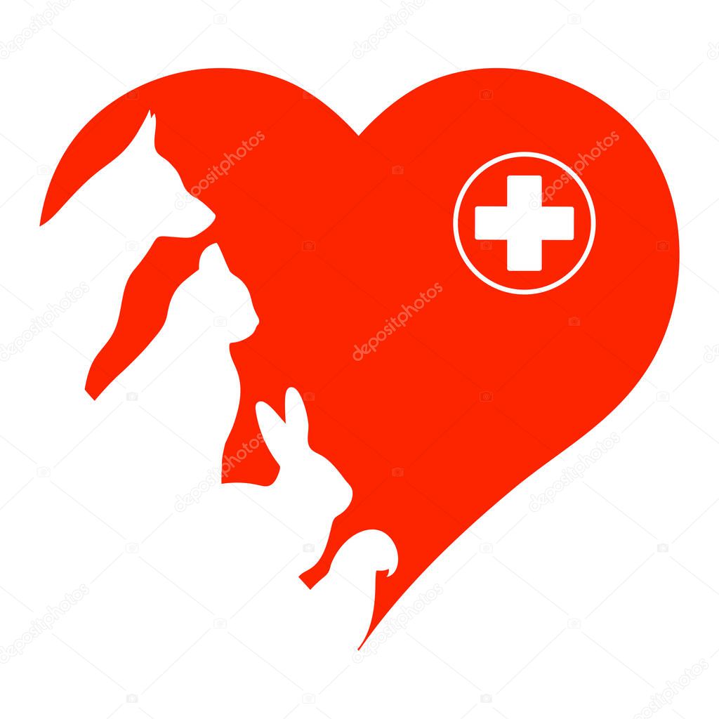 emblem for veterinary clinic. silhouettes of animals on the background of the heart