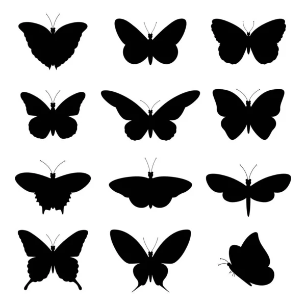 Illustration Silhouettes Black Diverse Butterflies White Background — Stock Vector