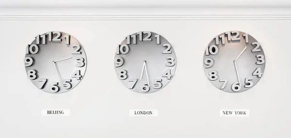 Clock on the wall with time zones in different cities