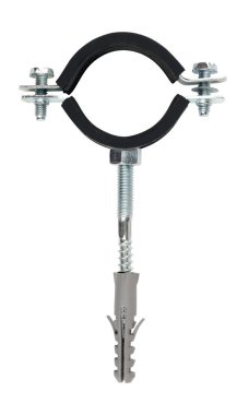 Su boru kelepçe beyaz izole kauçuk yastıkları ile. Duvara monte edin. Duvara Boru Tespitleme 