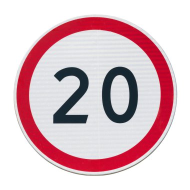  Hız sınırı işareti 20 beyaz bir kare üzerinde izole. 