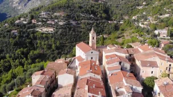 Flight Drone Ancient European Castellar Village Sunny Day Green Trees — Stock Video