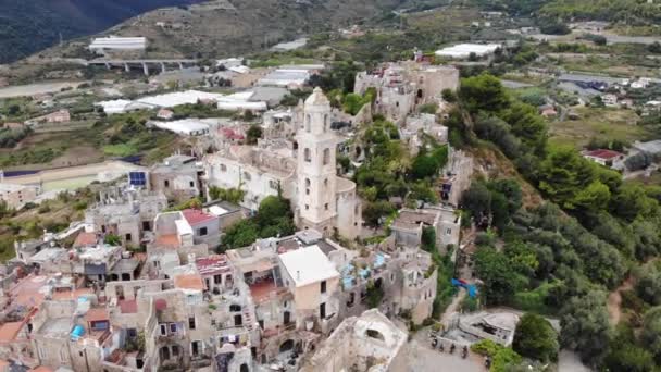 Flygfoto Över Den Antika Italienska Byn Bussana Vecchia Utsikt Från — Stockvideo