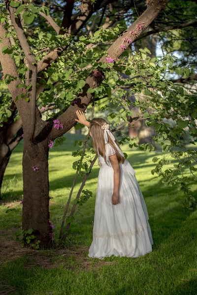 Menina Vestido Comunhão Parque — Fotografia de Stock