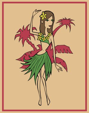 Çerçeveli arka plan üzerinde Lei ile tropikal çimen etek kız