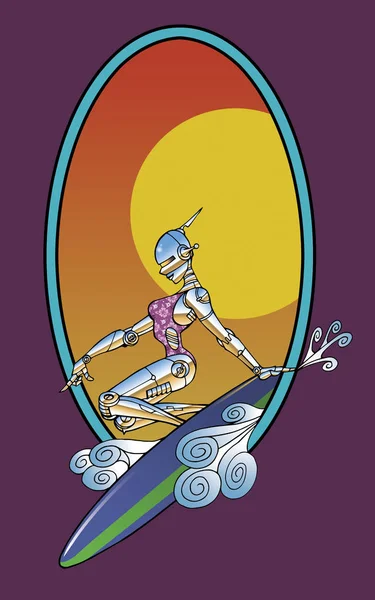 Stylized robot girl in bikini on surfboard design