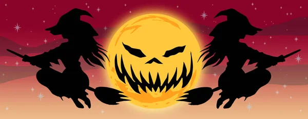 Spooky Halloween Illüstrasyon Cadı Süpürge Üzerinde Uçan Ile Halloween Türü — Stok fotoğraf