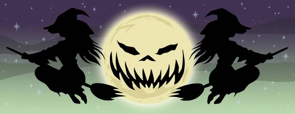 Ilustração Assustadora Halloween Tipo Halloween Com Bruxas Voadoras Vassouras — Fotografia de Stock