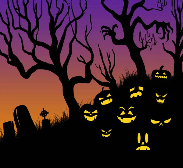 Jack-o-lantern faces hidden in grave hillside lit up looking halloween creepy
