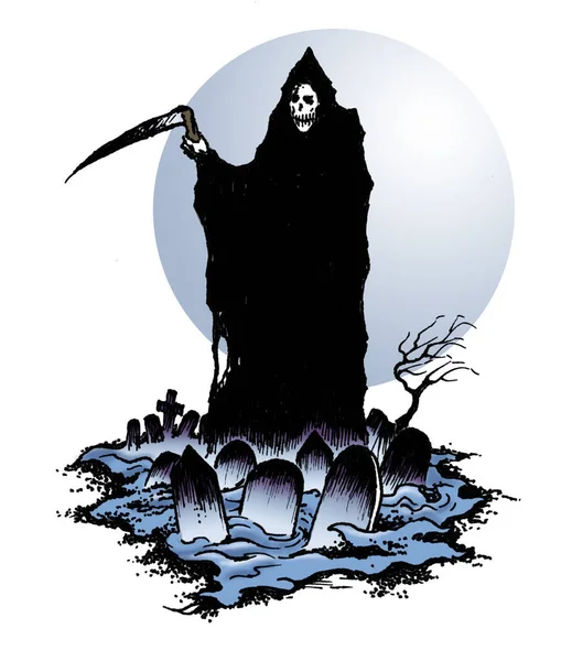 Grim Reaper Smrti Halloween Hřbitov Kosou — Stock fotografie