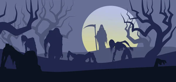 Grim Reaper Levanta Los Zombies Muertos Vivientes Día Del Halloween —  Fotos de Stock