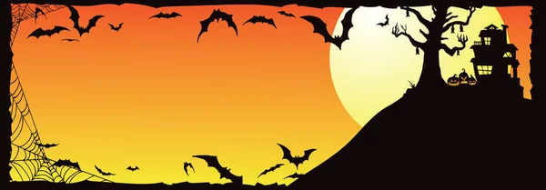 Halloween haunted house on a hill with bats flying around at orange yellow sunset